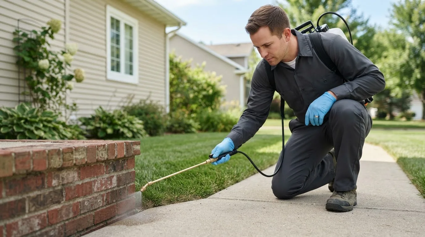 Pest control technician treating a home near Schulenburg, TX