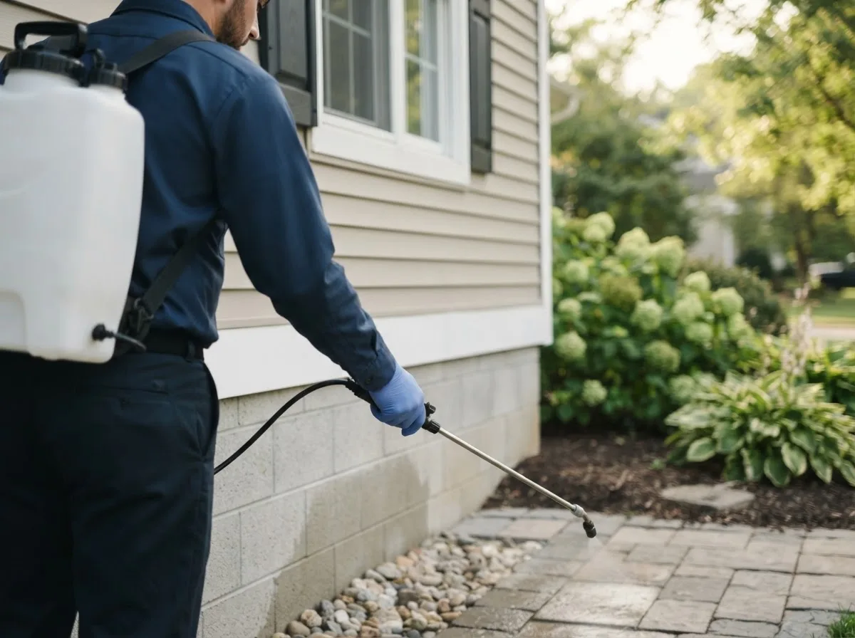 Pest control technician inspecting a home in Schulenburg, TX